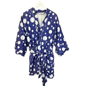 Pierre Cardin Vintage Kimono Robe Blue White Polka Dot Belted Lounge